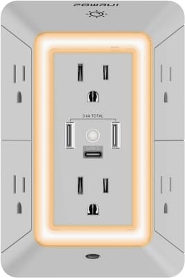 POWRUI Multi Plug Wall Outlet Night Light, POWRUI 6 Outlet Extender & 3 USB Ports