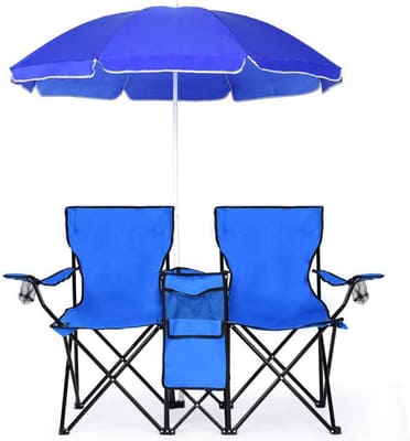 Goplus Double Camping Chair with Umbrella, Folding Loveseat Chairs w/Canopy Shade, Carrying Bag