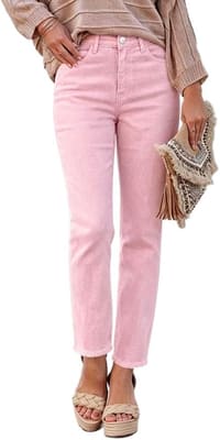 Mywinway Straight Leg Jeans for Women Spring Summer Stretchy Frayed Hem High Waisted Ankle