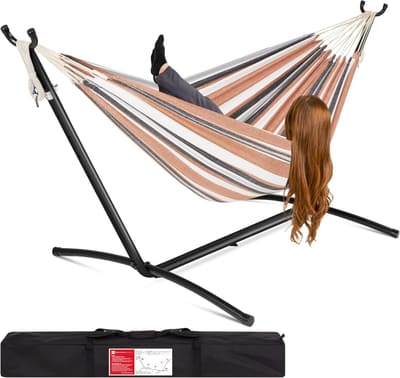 Best Choice Products Double Hammock with Steel Stand, Indoor Outdoor Brazilian-Style Cotton
