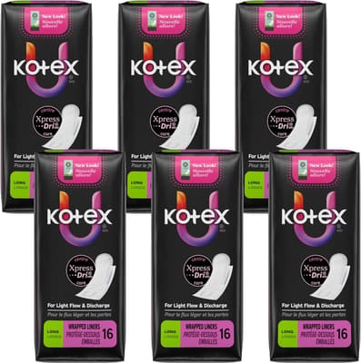 Kotex Natural Balance Absorbent Liners, Long, 16 Count (Pack of Six), Bundle of 2