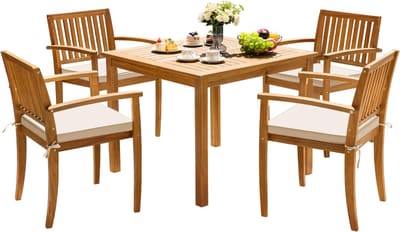 Greesum 5 Pieces Acacia Wood Patio Dining Set, Outdoor Table & Chairs