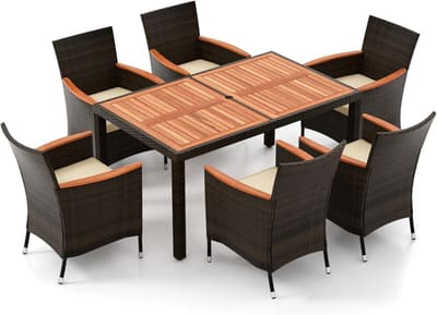 HOMGX Patio Rattan Dining Set, Outdoor Furniture Set with Acacia Wood Table & Chairs, Seat, 7 Piece