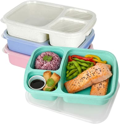 Orivastine 4 Pack Bento Lunch Box Set, 3 Compartment Leakproof Stackable Food Containers, Bundle of 3