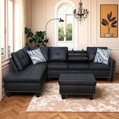 Trygoal Leather Sectional Sofa with Movable Chaise & Storage Ottoman, 3-Piece Modular