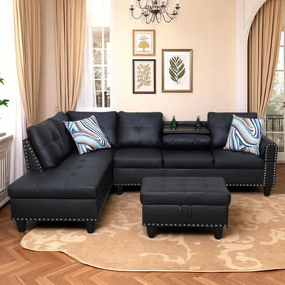Trygoal Leather 3-Piece L-Shaped Couches for Living Room, Sectional Sofa with Storage Ottoman