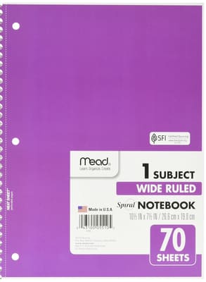 Mead Spiral 1-Subject Wide-Ruled Notebook, Color May Vary, Assorted Colors (05510) 6 Notebooks, Bundle of 8